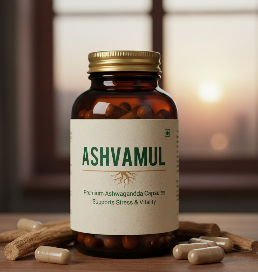 Ashvamul Ashwagandha capsules 500mg bottle for stress relief and sleep